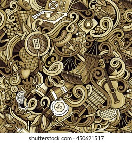Cartoon cute doodles hand drawn picnic seamless pattern. Monochrome detailed, with lots of objects background. Endless funny vector illustration. Sepia backdrop with BBQ symbols and items