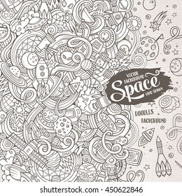 Cartoon cute doodles hand drawn space illustration. Line art detailed, with lots of objects background. Funny vector artwork. Sketch picture with cosmic theme items. Square composition