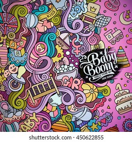 Cartoon cute doodles hand drawn baby frame design. Line art detailed, with lots of objects background. Funny vector illustration. Colorful border with child theme items