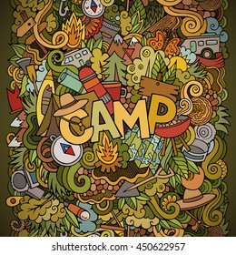 Cartoon cute doodles hand drawn illustration. Bright colors picture with camping theme items. Doodle inscription Camp