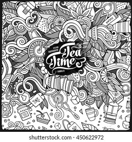Cartoon cute doodles hand drawn teatime illustration. Line art detailed, with lots of objects background. Funny vector artwork. Sketch picture with tea time theme items. Square composition