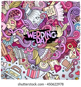 Cartoon cute doodles hand drawn wedding illustration. Line art detailed, with lots of objects background. Funny vector artwork. Colorful picture with marriage theme items. Square composition