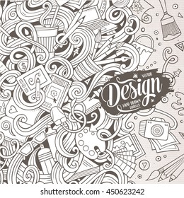 Cartoon cute doodles hand drawn design frame concept. Line art detailed, with lots of objects background. Funny vector illustration. Sketchy border with designer theme items