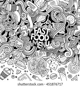 Cartoon cute doodles hand drawn fast food frame design. Line art detailed, with lots of objects background. Funny vector illustration. Sketchy border with fastfood theme items