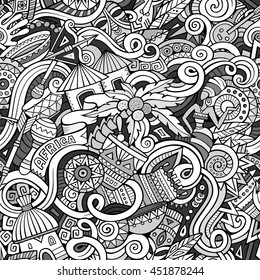 Cartoon cute doodles hand drawn Africa seamless pattern. Line art detailed, with lots of objects background. Endless funny vector illustration. Drawing backdrop with african symbols and items