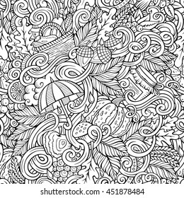 Cartoon cute doodles hand drawn autumn seamless pattern. Monochrome detailed, with lots of objects background. Endless funny vector illustration. Line art backdrop with fall season symbols and items