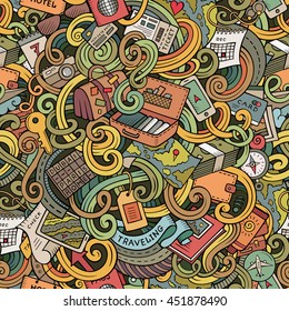 Cartoon cute doodles hand drawn travel planning seamless pattern. Colorful detailed, with lots of objects background. Endless funny vector illustration.