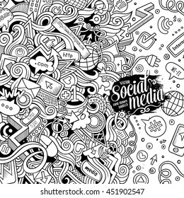 Cartoon cute doodles hand drawn internet illustration. Line art detailed, with lots of objects background. Funny vector artwork. Sketch picture with social media theme items. Square composition