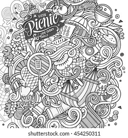 Cartoon cute doodles hand drawn Picnic illustration. Line art detailed, with lots of objects background. Funny vector artwork. Sketchy picture with BBQ theme items.