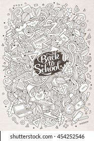 Cartoon cute doodles hand drawn school design. Line art detailed, with lots of objects background. Funny vector illustration. Sketched picture with education theme items