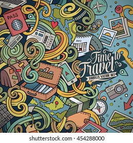 Cartoon cute doodles hand drawn Travel frame design. Colorful detailed, with lots of objects background. Funny vector illustration. Bright colors border with traveling theme items