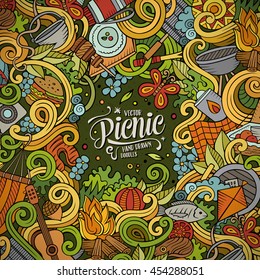 Cartoon cute doodles hand drawn picnic frame design. Colorful detailed, with lots of objects background. Funny vector illustration. Bright colors border with nature theme items
