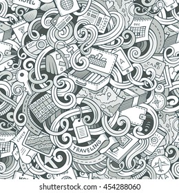 Cartoon cute doodles hand drawn travel planning seamless pattern. Contour detailed, with lots of objects background. Endless funny vector illustration. Line art backdrop.