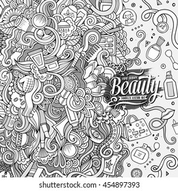 Cartoon cute doodles hand drawn cosmetics frame design. Line art detailed, with lots of objects background. Funny vector illustration. Sketchy border with beauty theme items