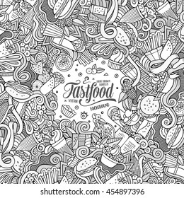Cartoon cute doodles hand drawn food frame design. Line art detailed, with lots of objects background. Funny vector illustration. Sketchy border with fastfood theme items