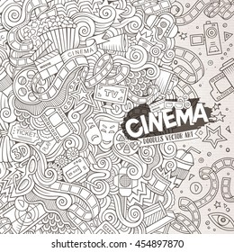 Cartoon cute doodles hand drawn cinema frame design. Line art detailed, with lots of objects background. Funny vector illustration. Sketchy border with movie theme items