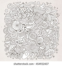 Cartoon cute doodles hand drawn Japan food illustration. Sketchy detailed, with lots of objects background. Funny vector artwork. Line art picture with japanese cuisine theme items