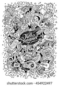 Cartoon cute doodles hand drawn camp illustration. Sketchy detailed, with lots of objects background. Funny vector artwork. Line art picture with camping theme items
