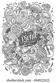 Cartoon cute doodles hand drawn Picnic illustration. Line art detailed, with lots of objects background. Funny vector artwork. Sketchy picture with BBQ theme items.