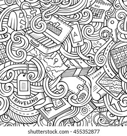 Cartoon cute doodles hand drawn travel planning seamless pattern. Contour detailed, with lots of objects background. Endless funny vector illustration. Line art backdrop.