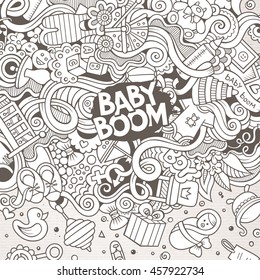 Cartoon cute doodles hand drawn baby frame design. Line art detailed, with lots of objects background. Funny vector illustration. Sketchy border with child theme items