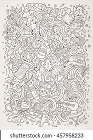 Cartoon cute doodles hand drawn camp illustration. Sketchy detailed, with lots of objects background. Funny vector artwork. Line art picture with camping theme items