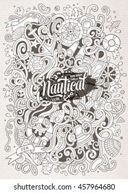 Cartoon cute doodles hand drawn marine illustration. Line art detailed, with lots of objects background. Funny vector artwork. Sketchy picture with nautical theme items.
