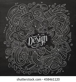 Cartoon cute doodles hand drawn Design illustration. Line art detailed, with lots of objects background. Funny vector artwork. Chalkboard picture with Artistic theme