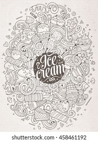 Cartoon cute doodles hand drawn ice cream illustration. Sketchy detailed, with lots of objects background. Funny vector artwork. Line art picture with ice-cream theme items