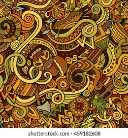 Cartoon cute doodles hand drawn Africa seamless pattern. Colorful detailed, with lots of objects background. Endless funny vector illustration. Bright colors backdrop with african symbols and items