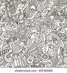 Cartoon cute doodles hand drawn holidays seamless pattern. Contour detailed, with lots of objects background. Endless funny vector illustration. Line art backdrop