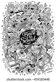 Cartoon cute doodles hand drawn school design. Line art detailed, with lots of objects background. Funny vector illustration. Sketched picture with education theme items