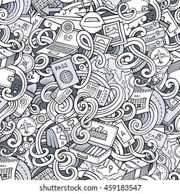 Cartoon cute doodles hand drawn travel planning seamless pattern. Contour detailed, with lots of objects background. Endless funny vector illustration. Line art backdrop.