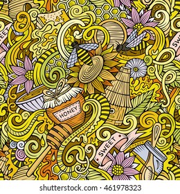 Cartoon cute doodles hand drawn Honey seamless pattern. Colorful detailed, with lots of objects background. Endless funny vector illustration.