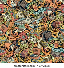 Cartoon cute doodles hand drawn travel planning seamless pattern. Colorful detailed, with lots of objects background. Endless funny vector illustration.