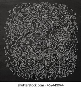 Cartoon cute doodles hand drawn Mexican food illustration. Chalkboard detailed, with lots of objects background. Funny vector artwork. Dark picture with Mexico cuisine theme items
