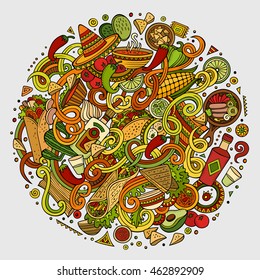 Cartoon cute doodles hand drawn Mexican food illustration. Colorful detailed, with lots of objects background. Funny vector artwork. Bright colors picture with Mexico cuisine theme items