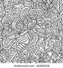 Cartoon cute doodles hand drawn Honey seamless pattern. Line art detailed, with lots of objects background. Endless sketchy funny vector illustration.