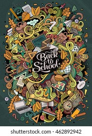 Cartoon cute doodles hand drawn school design. Colorful detailed, with lots of objects background. Funny vector illustration. picture with education theme items