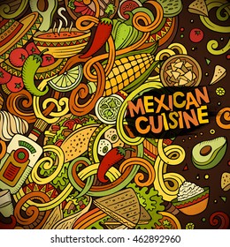 Cartoon cute doodles hand drawn Mexican food frame design. Colorful detailed, with lots of objects background. Funny vector illustration. Bright colors border with latin american cuisine theme items
