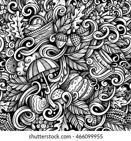 Cartoon cute doodles hand drawn autumn seamless pattern. Trace detailed, with lots of objects background. Endless funny vector illustration. Line art backdrop with fall season symbols and items