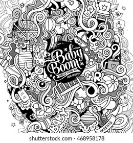 Cartoon cute doodles hand drawn Baby illustration. Line art detailed, with lots of objects background. Funny vector artwork. Sketchy picture with children theme items