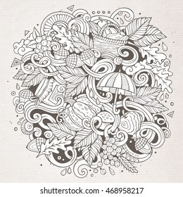 Cartoon cute doodles hand drawn autumn illustration. Line art detailed, with lots of objects background. Funny vector artwork. Sketchy picture with fall season theme items