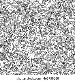 Cartoon cute doodles hand drawn School seamless pattern. Contour detailed, with lots of objects background. Endless funny vector illustration. Line art education backdrop