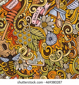 Cartoon cute doodles hand drawn Honey seamless pattern. Colorful detailed, with lots of objects background. Endless funny vector illustration.