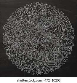 Cartoon cute doodles hand drawn cinema frame design. Chalkboard detailed, with lots of objects background. Funny vector illustration. Line art border with movie theme items