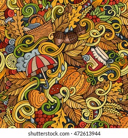 Cartoon cute doodles hand drawn autumn seamless pattern. Colorful detailed, with lots of objects background. Endless funny vector illustration. Color backdrop with fall season symbols and items
