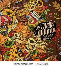 Cartoon cute doodles hand drawn Autumn frame design. Colorful detailed, with lots of objects background. Funny vector illustration. Bright colors border with fall theme items