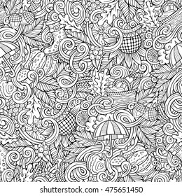 Cartoon cute doodles hand drawn autumn seamless pattern. Monochrome detailed, with lots of objects background. Endless funny vector illustration. Line art backdrop with fall season symbols and items
