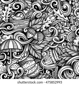 Cartoon cute doodles hand drawn autumn seamless pattern. Trace detailed, with lots of objects background. Endless funny vector illustration. Line art backdrop with fall season symbols and items